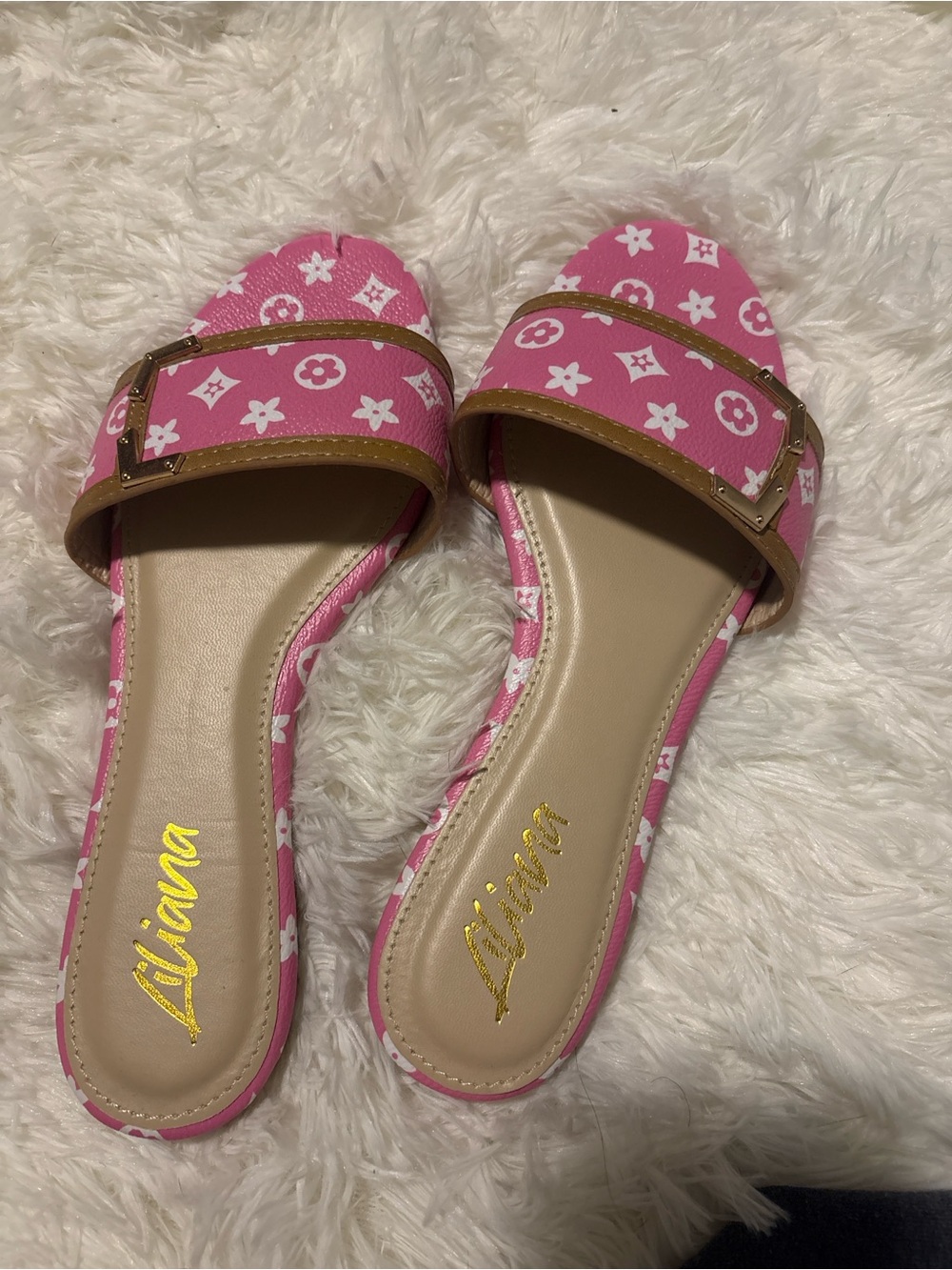 Narianna Pink Floral Slide Mules with Tan Trim